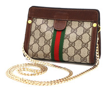 GUCCI VINTAGE GG Supreme Shoulder Bag Chain Strap Brown Compact Authentic