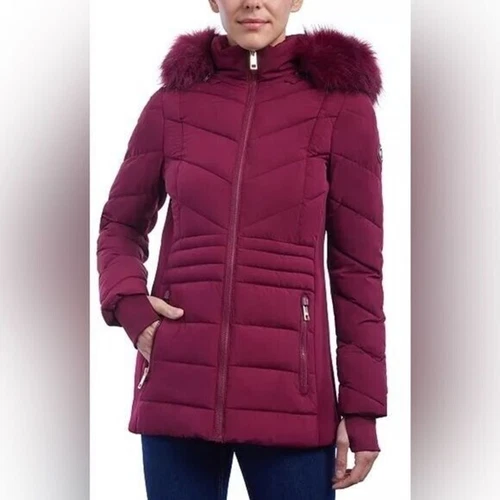 MICHAEL KORS Cappotto donna nuovo con etichette pelliccia sintetica con cappuccio taglia small rosso vino full zip