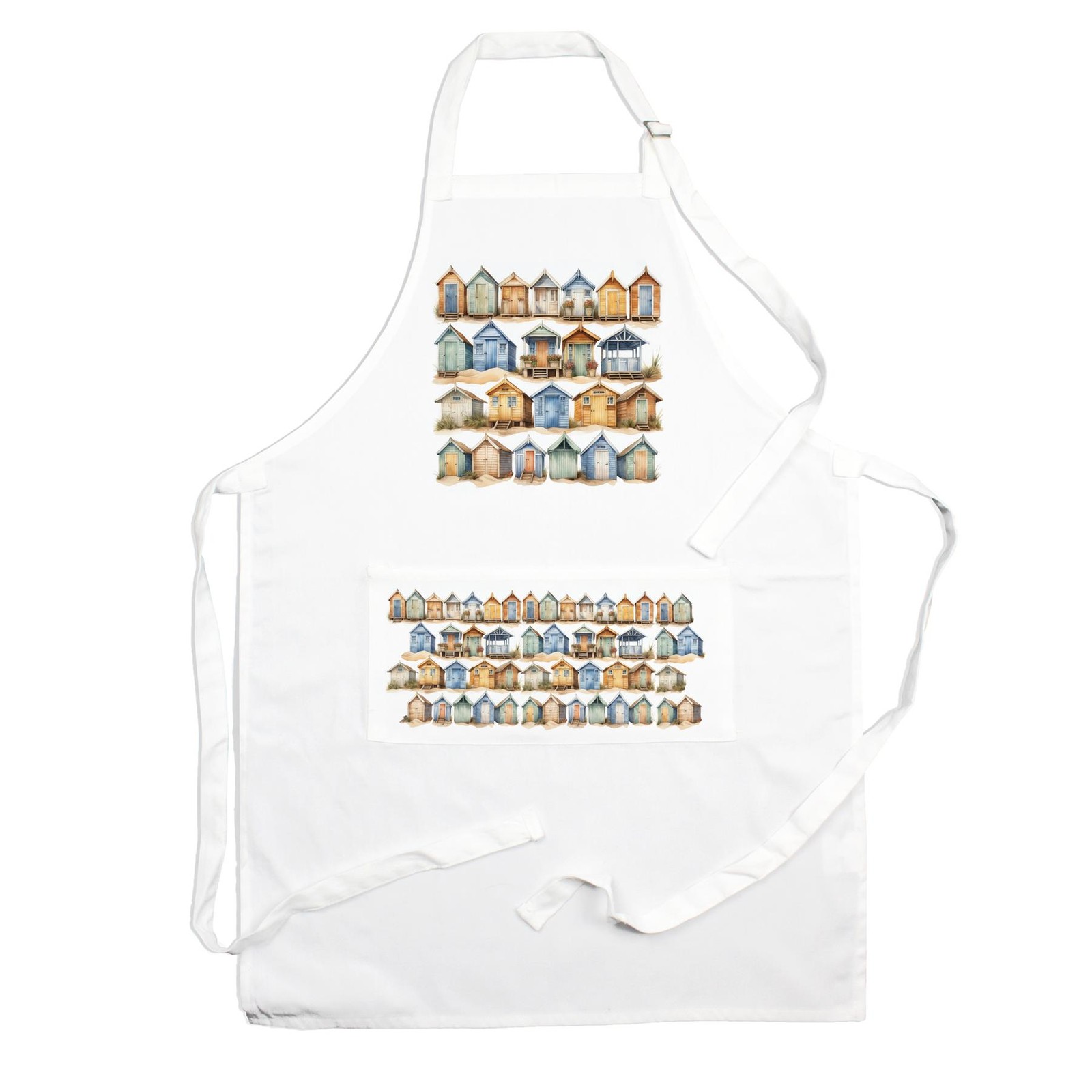 Beach Huts Apron - Coastal Seaside Cooking & Baking Kitchen Gifts with Pocket