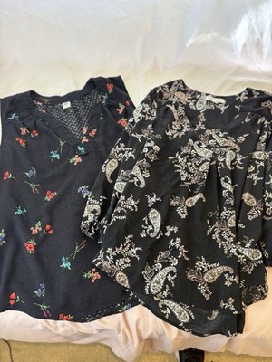 Old Navy Black Floral V-Neck Sleeveless Blouse XL & DR2 Black Paisley 3/4 Sleev 