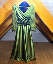 Damen Abendkleid lang grün V-Ausschnitt 3/4-...