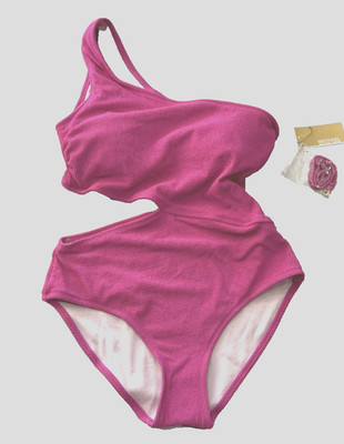 Michael Kors One Shoulder Side Cutout Ribbed Swimsuit - size 14 - Cerise Pink
