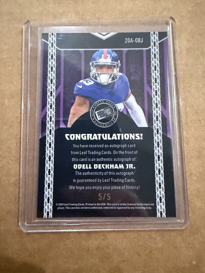 Tarjeta autógrafa Leaf Press Pass Odell Beckham Jr. 2024 automática ¡Gigantes de Nueva York! 1/2! Foto 2 de 2