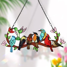 Double Sided Stained Glass Birds on Branch Suncatcher Window Hanging Decor