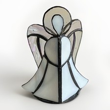 VTG Pier 1 Iridescent Leaded Stained Glass Angel Candle Votive Holder 6   Tall
