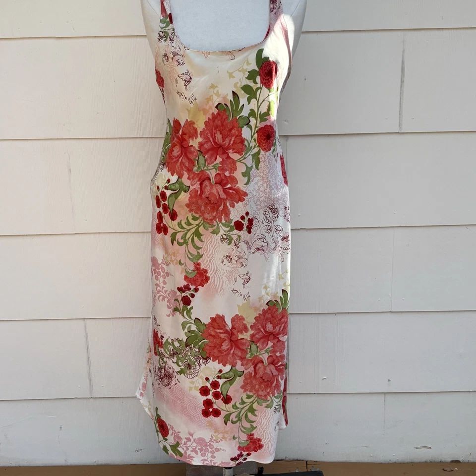 Natori Robe Gown Long Satin Japanese Floral Pink & Red  Poppy Flowers Belted - Image 2 of 4
