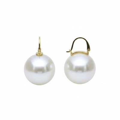 Rare Boucles d'Oreilles Dormeuse Doré Enorme Perle Blanche 20mm Rétro SB66 - Photo 1/4