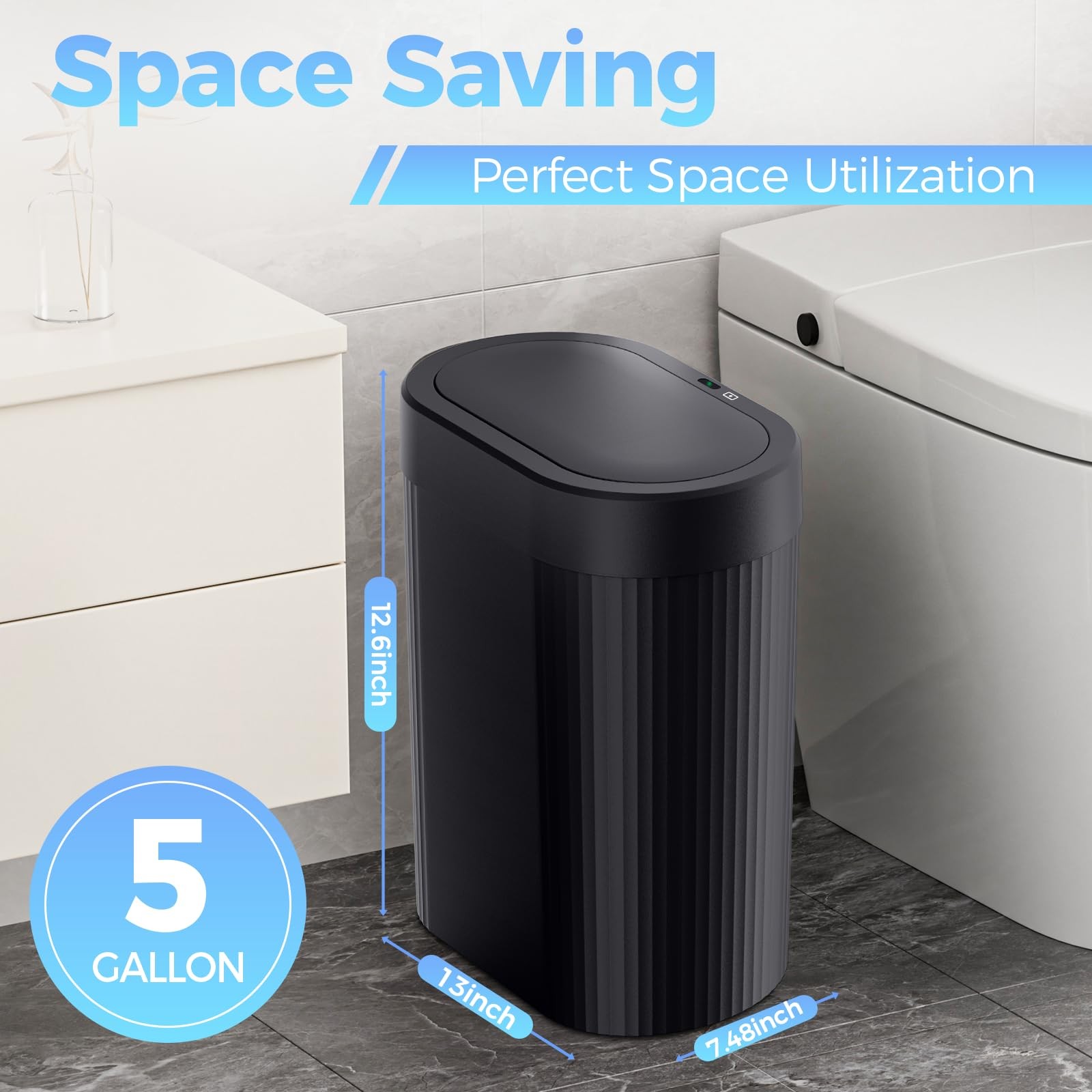 5 Gallon Bathroom Trash Can with Lid, Automatic Motion Sensor Black Trash Can...
