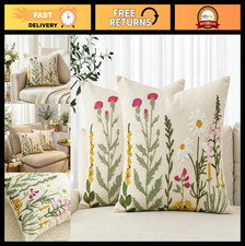Floral Daisy Embroidered Throw Pillow Covers - 18x18 Inch Beige Cushion Case Set