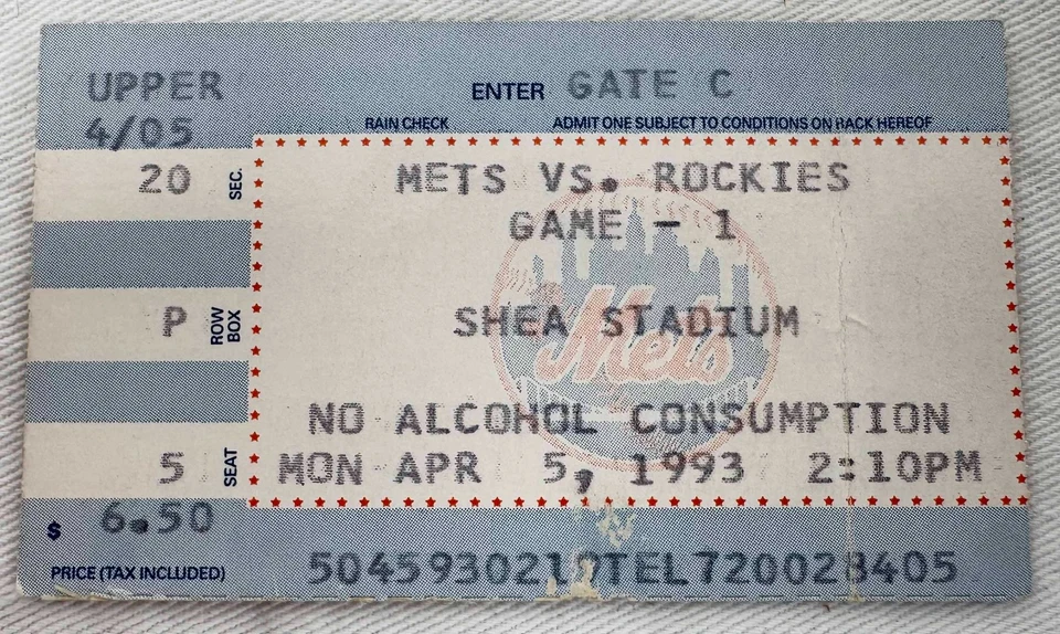 Mets vs. Rockies Game 1 Shea Stadium April 5th 1993 Ticket Stub - Dwight Gooden - Image 3 of 3