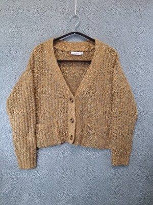ShoeDazzle Cropped Cardigan Sweater Womens M Brown Cotton V Neck Textured Knit