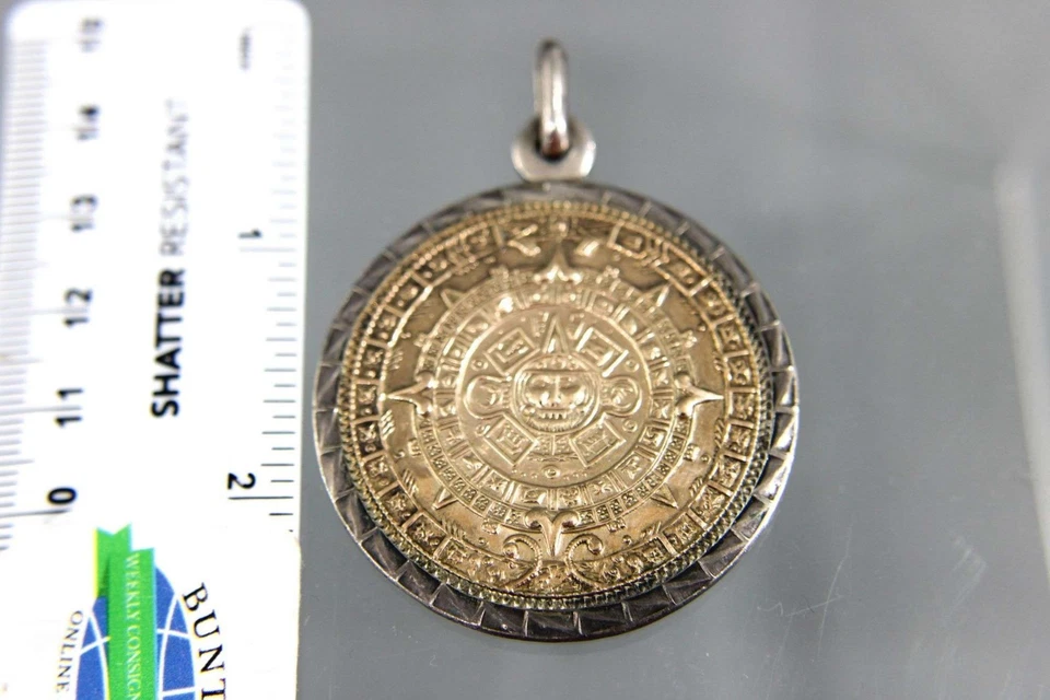 SOLID Real 10kt Gold Mayan calendar in Sterling Silver Medallion Pendant 28.1 gr - Image 4 of 4