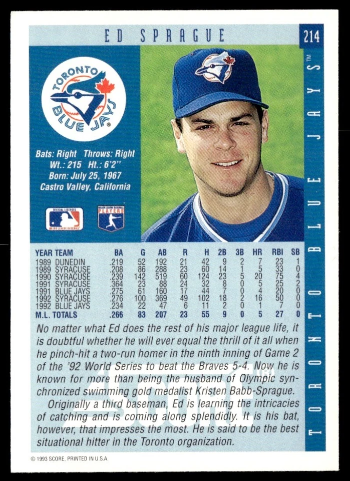 1993 Score Ed Sprague Toronto Blue Jays #214 - Image 2 of 2
