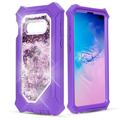 For Samsung S10 Clear Phone Case Liquid Glitter Quicksand +Temper Glass Screen