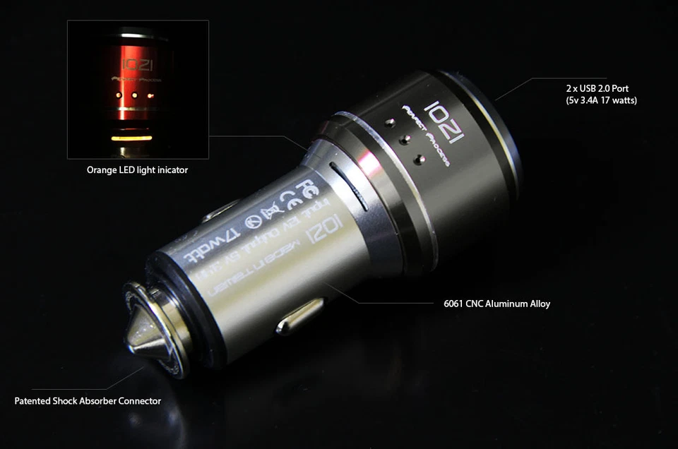 IOZI 6061 CNC Aleación de Aluminio LED Doble USB 17W 3.4A Cargador Rápido Coche Teléfono Gris Foto 2 de 4