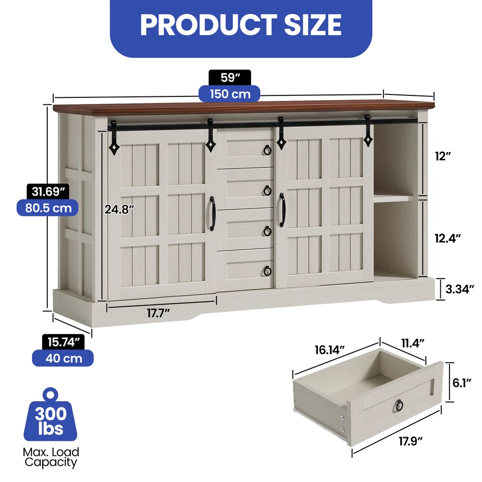 59" Aparador Armario 4 Cajones Cocina Almacenamiento Estante Ajustable con Puerta Corredera Foto 2 de 4
