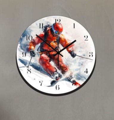 Downhill Skiing Art Wall Hanging Clock Time Piece Winter Sports Ski Slopes