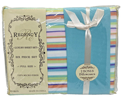 Regency Luxury Full Sheet 6 Pc Set Microfiber  Striped No Iron Blue Purple Peach