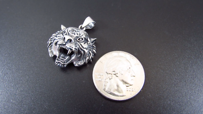 Solid 925 Sterling Silver Tiger Head Face Pendant, Spirit Animal