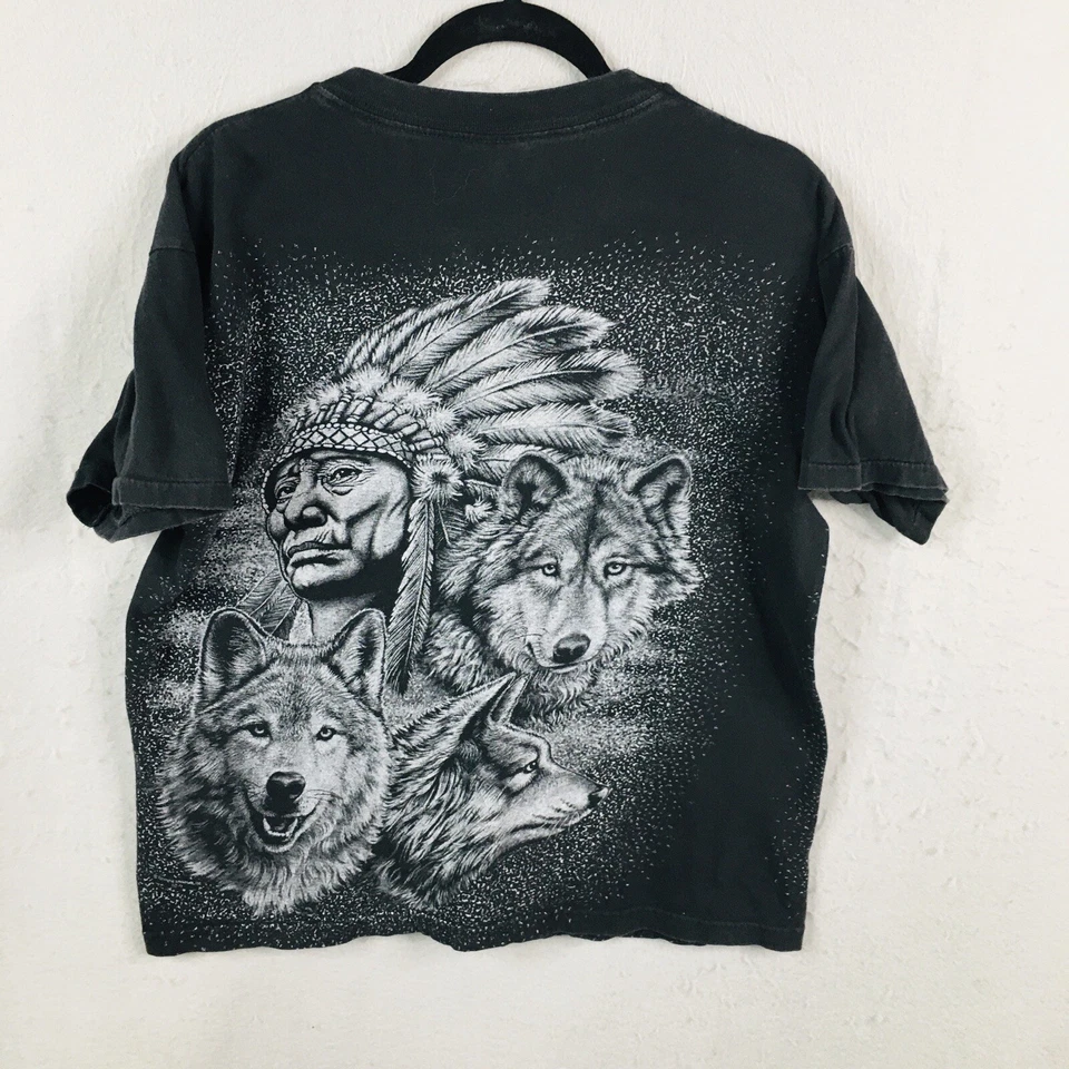 Camisa Guerrero Indio De Colección Adulto Grande Lobo Negro Arte para Usar Primitivo Desteñido Foto 3 de 4