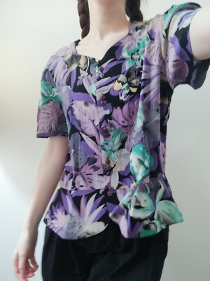 True Vintage Bluse 80er 90er lila türkis retro disco gemustert onesize S 36 38