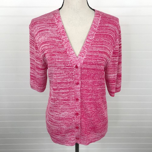 Ann Taylor Loft Pink Cardigan Size XL Short Sleeve Button Front V Neck Marled