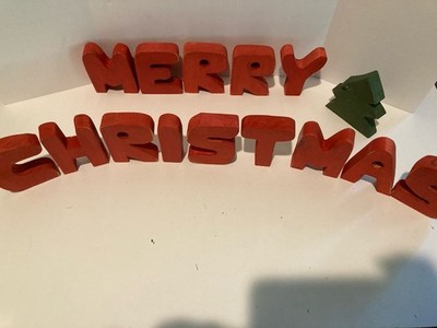 Vintage Wooden Letters  Merry Christmas  3  Red With Tree