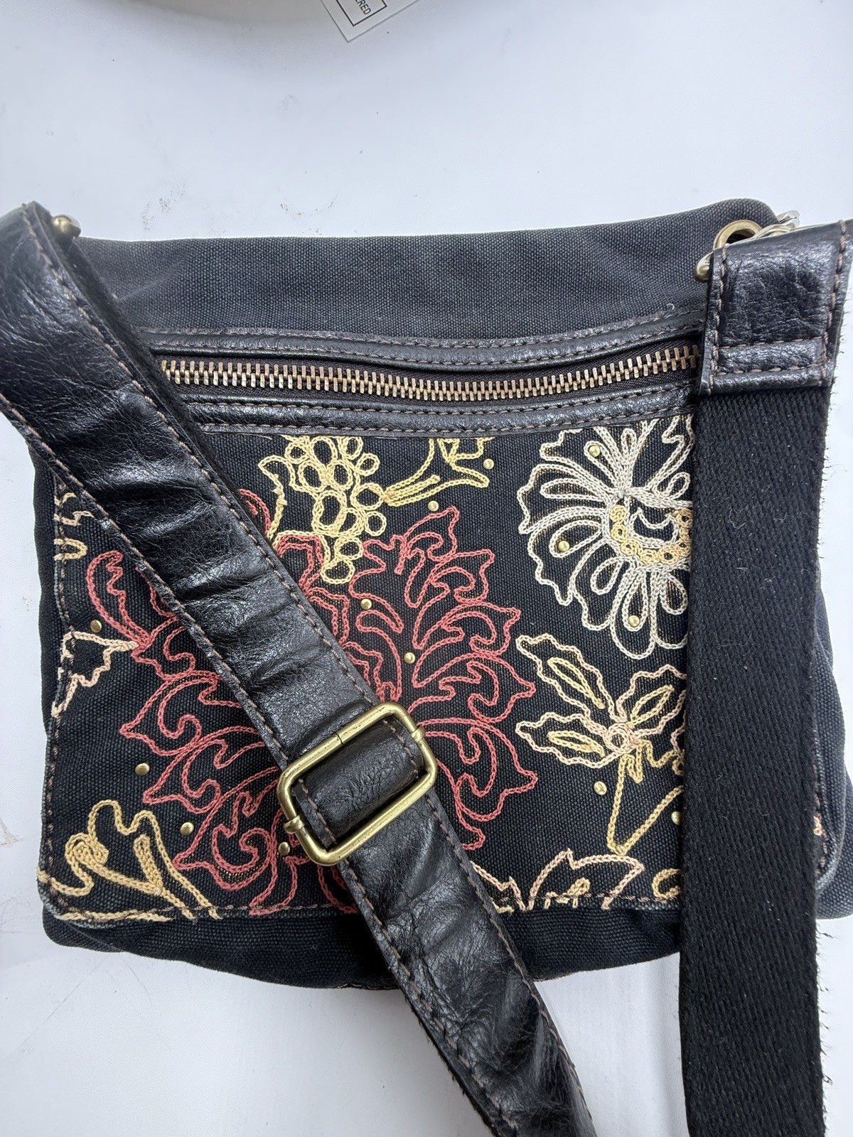Fossil Embroidered Canvas And Leather Black Boho Shoulder Bag