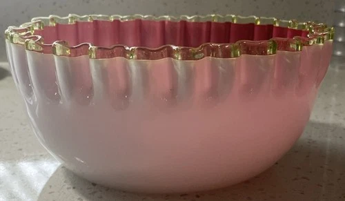 VTG BRIDES BOWL PINK/ROSE/WHITE MILK GLASS RUFFLED EDGES 8” WIDE X 3 1/2” DEPTH