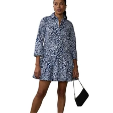 NY&C NEW Blue Paisley Mini Dress Drop Waist Collared 3/4 Sleeve Button Front M