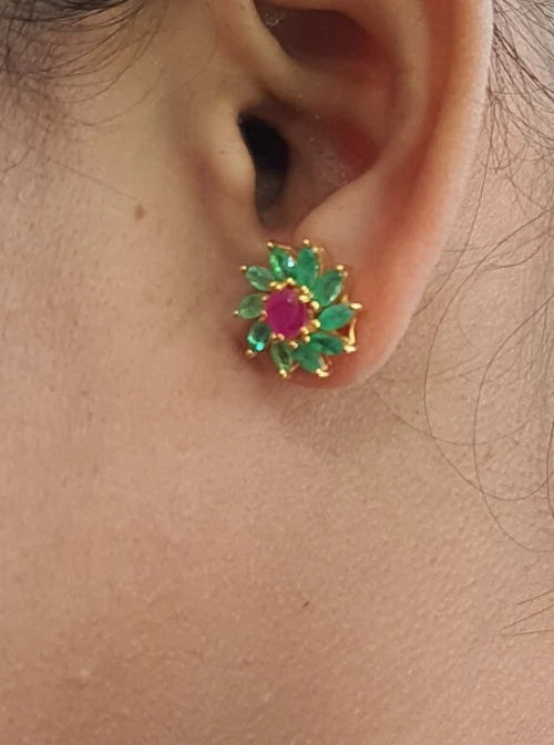 Antique Ruby & Emerald Stud Earrings Gold Plated Earrings For Girls Silver Jewel - Image 4 of 4
