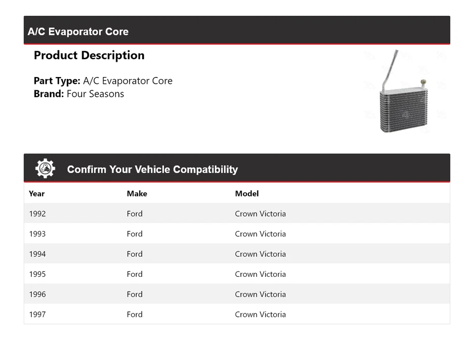 Núcleo evaporador aire acondicionado Ford Crown Victoria 1992-1997 4 estaciones 1993 1994 1995 Foto 2 de 4