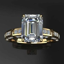3Ct Emerald Cut Lab Created Diamond Solitaire Women Ring 14K Yellow Gold Plated