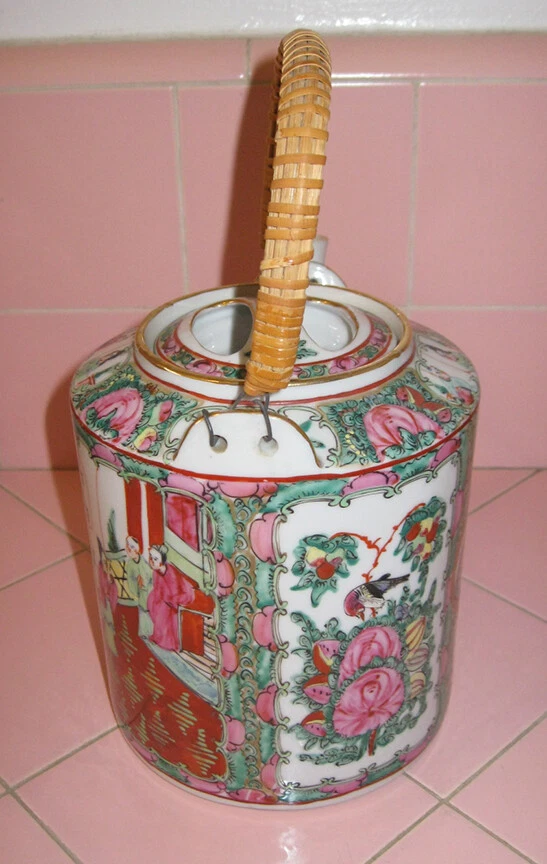 Tetera medallón rosa vintage Hong Kong mango de ratán estrella adornada dorada Foto 4 de 4