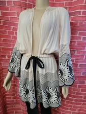 liberty garden Kimono cover up cardigan cream Embroidered Size L #C