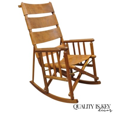 Costa Rican Campaign Style Teak Brown Leather Folding Rocker