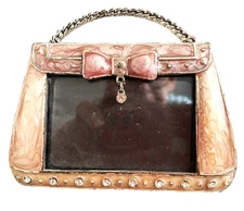 Bejeweled Pink  Enameled   Mini Handbag Purse Shaped Picture Frame 3" X 2"