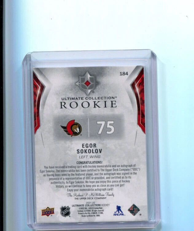 2021-22 Upper Deck Ultimate Rookies Egor Sokolov Rookie Patch Auto 30/99 - Image 2 of 2