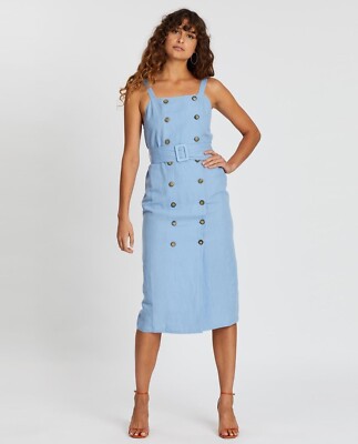 NWT Topshop 90s Style Retro Size 14 Midi Belted Dress Blue Wash Pinafore 