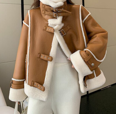 Women's Fur Lining Short Jacket Lamb Wool Korean Coat Parka