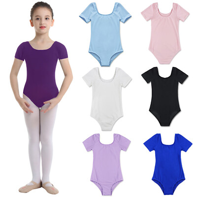 Girls Ballet Dance Leotard Short Sleeve Solid Color One-Piece Bodysuit Dancewear