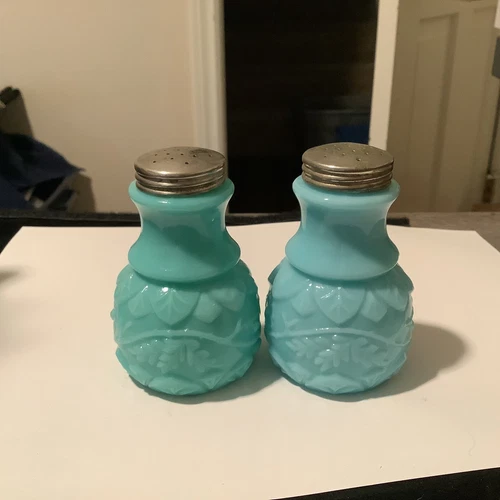 New Martinsville Vine with Flowers ￼Blue Milk Glass Salt & Pepper Shaker c1902