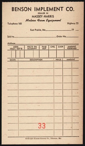 Vintage receipt BENSON IMPLEMENT CO Massey Harris Tele 160 East Prairie Missouri
