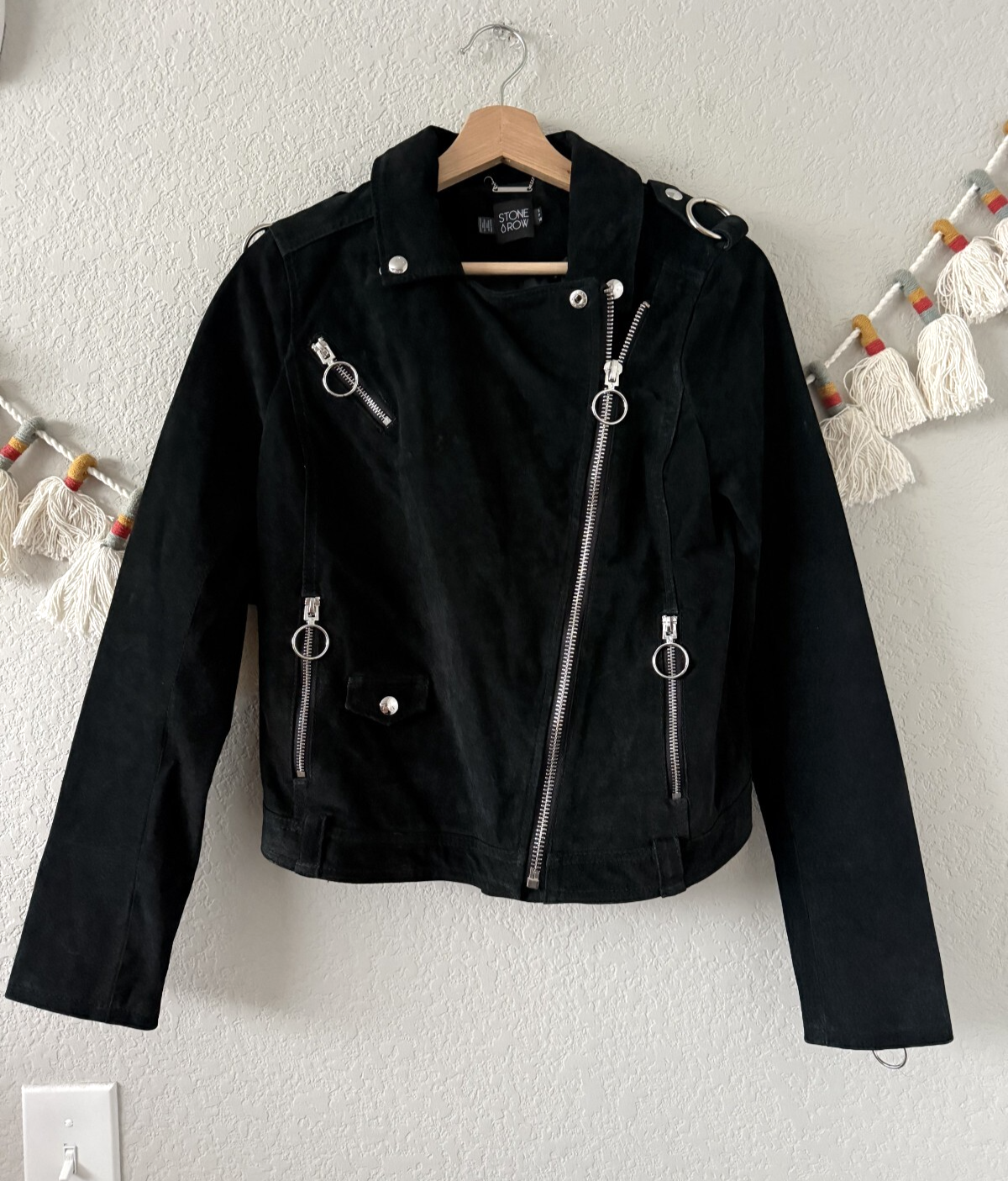 FILA Giacca Moto Stone Row Pelle Nera Criss Cross Zip Biker Grunge Goth S