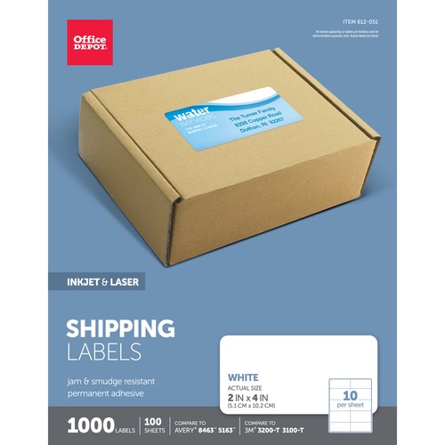 Office Depot Inkjet/Laser Shipping Labels, 2" x 4", White, Box Of 1,000