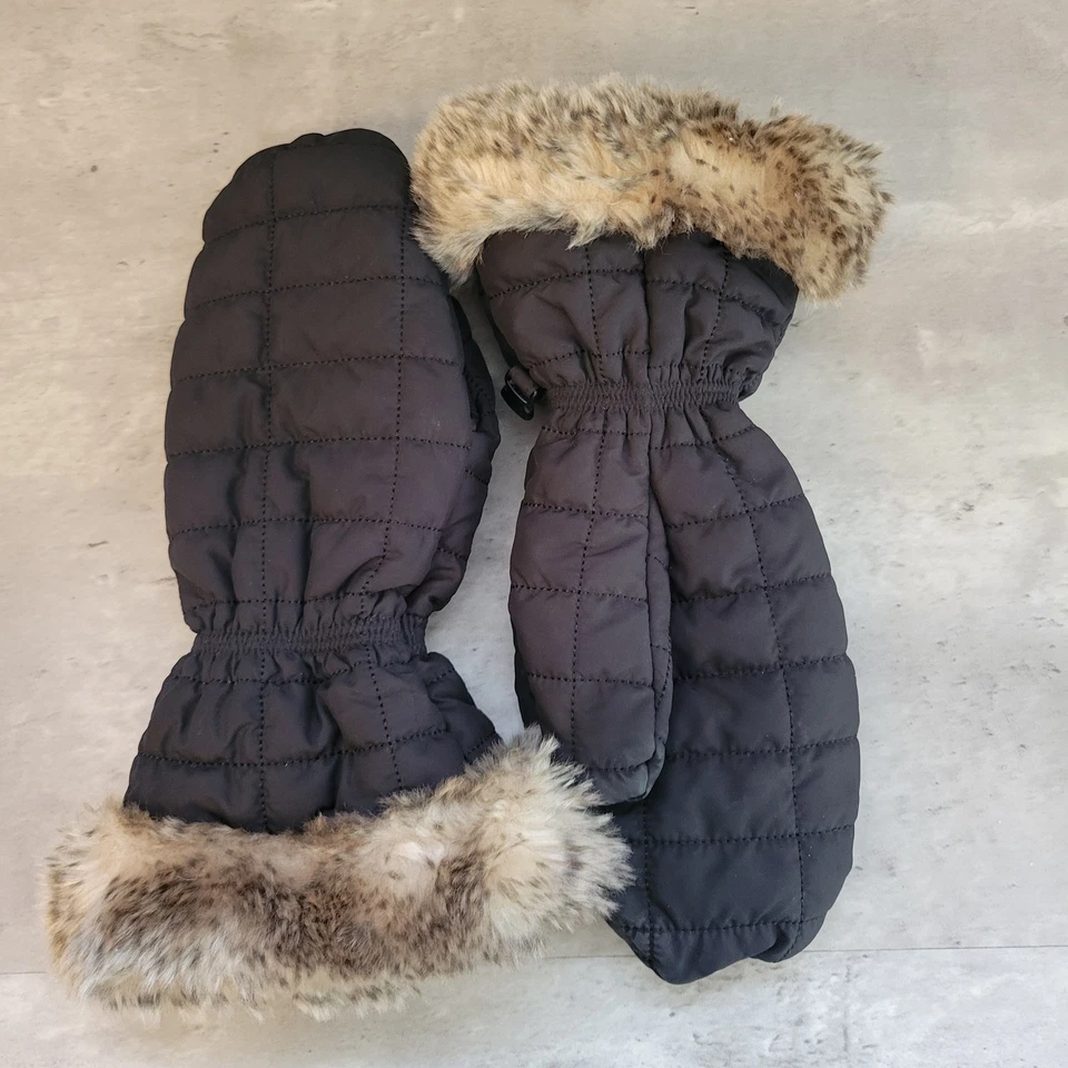 LL Bean 连指手套女式大号黑色绗缝人造毛皮装饰 PrimaLoft 冬季保暖 — 第 3/4 张图片