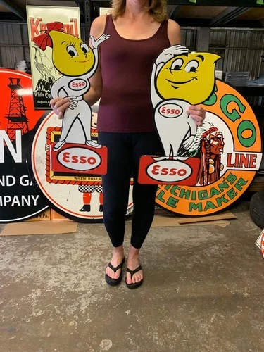 Antique Vintage Old Style Sign Esso Gas Boy and Girl Made in USA