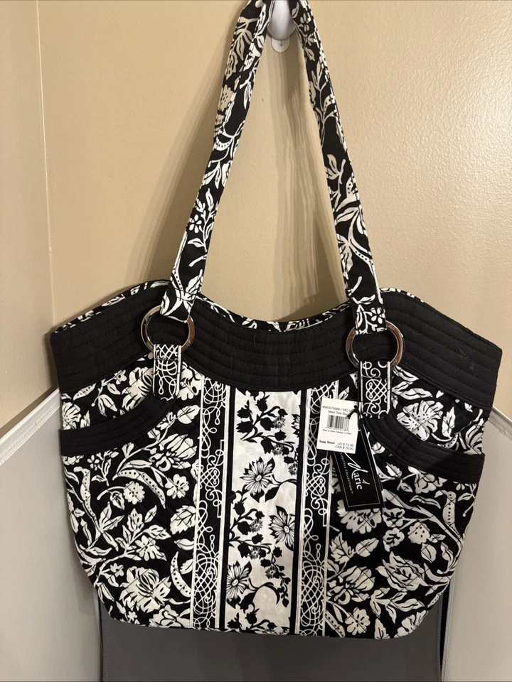 Nuevo Bolso de Hombro/Tote Marie Osmond con Herrajes Plateados Flores Negras/Blancas Foto 2 de 4