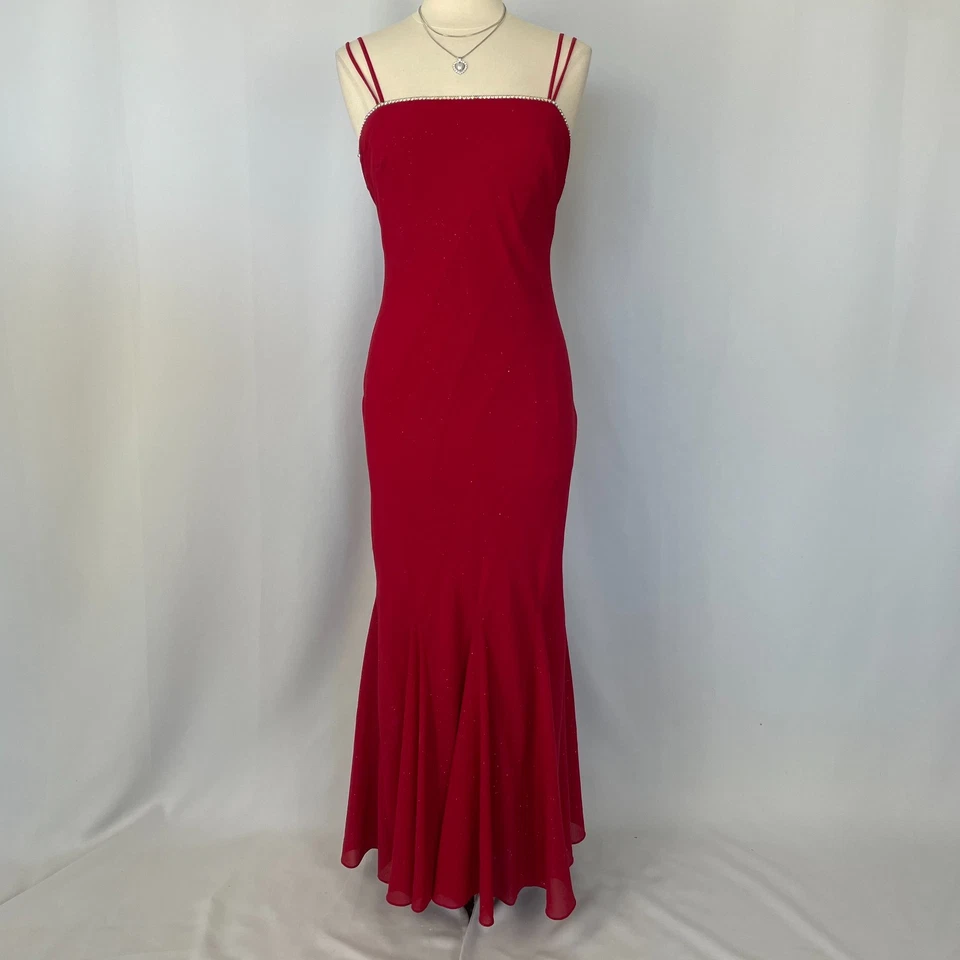 Vintage 90s Y2K Formal Dress Size Small Red Glitter Rhinestone Strappy Prom Long - Image 2 of 4