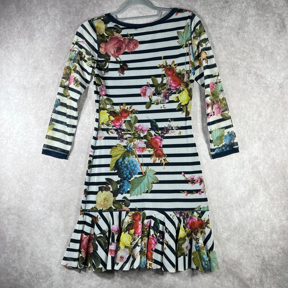 Vintage Juicy Couture Mini Dress Medium Blue White Floral Stripe Mesh Ruffle Y2K - Image 4 of 4